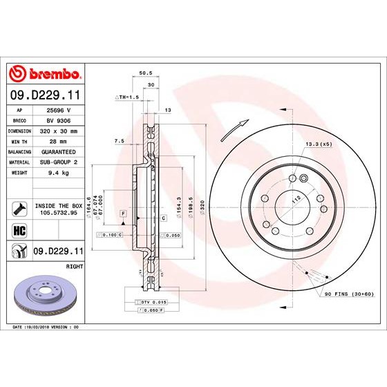 Слика на кочионен диск BREMBO COATED DISC LINE 09.D229.11 за Mercedes E-class Coupe (c124) E 36 AMG (124.052) - 272 коњи бензин