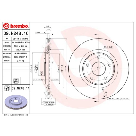 Слика на кочионен диск BREMBO COATED DISC LINE 09.N248.11 за Lancia Voyager MPV (404) 3.6 V6 VVT - 283 коњи бензин