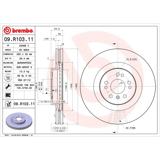 Слика на кочионен диск BREMBO COATED DISC LINE 09.R103.11 за Mercedes R-class (w251,v251) R 500 4-matic (251.075, 251.175) - 306 коњи бензин