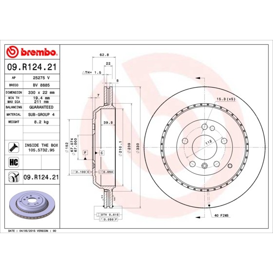 Слика на кочионен диск BREMBO COATED DISC LINE 09.R124.21 за Mercedes R-class (w251,v251) R 350 CGI 4-matic (251.057, 251.157) - 306 коњи бензин