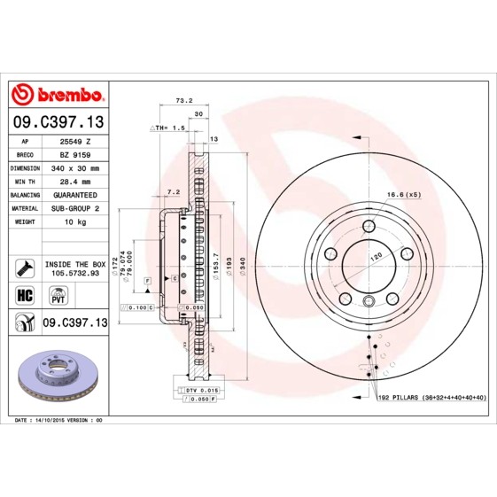 Слика на кочионен диск BREMBO TWO-PIECE DISCS LINE 09.C397.13 за BMW 1 F20 118 d - 143 коњи дизел