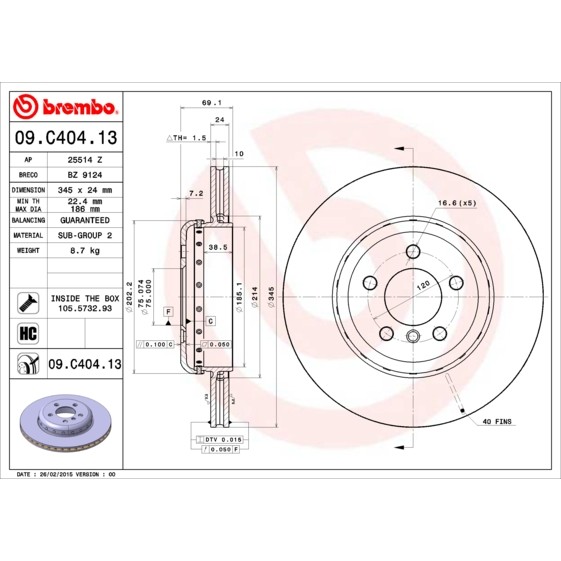 Слика на кочионен диск BREMBO TWO-PIECE DISCS LINE 09.C404.13 за BMW 7 Series F 730 d - 258 коњи дизел