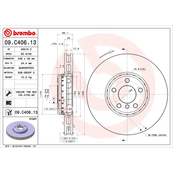 Слика на кочионен диск BREMBO TWO-PIECE DISCS LINE 09.C406.13 за BMW 7 Series F 730 d  xDrive - 258 коњи дизел