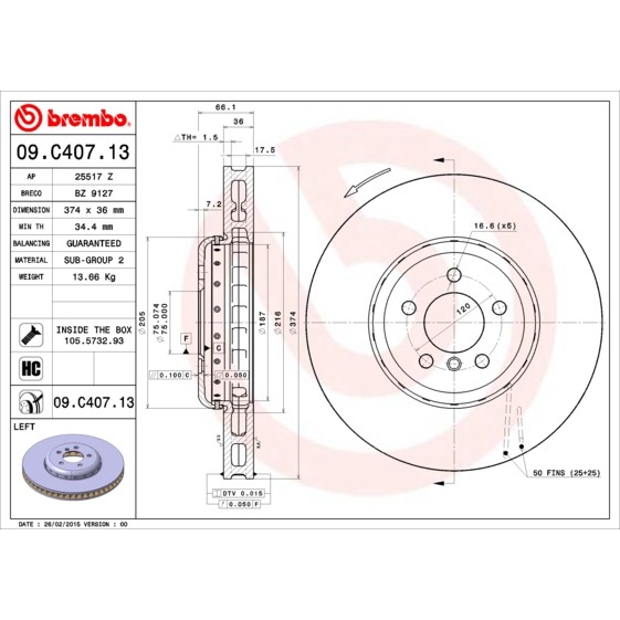 Слика на кочионен диск BREMBO TWO-PIECE DISCS LINE 09.C407.13 за BMW 7 Series F 750 i xDrive - 449 коњи бензин