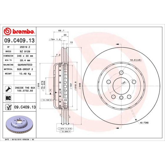 Слика на кочионен диск BREMBO TWO-PIECE DISCS LINE 09.C409.13 за BMW 6 Coupe F13 640 i - 320 коњи бензин