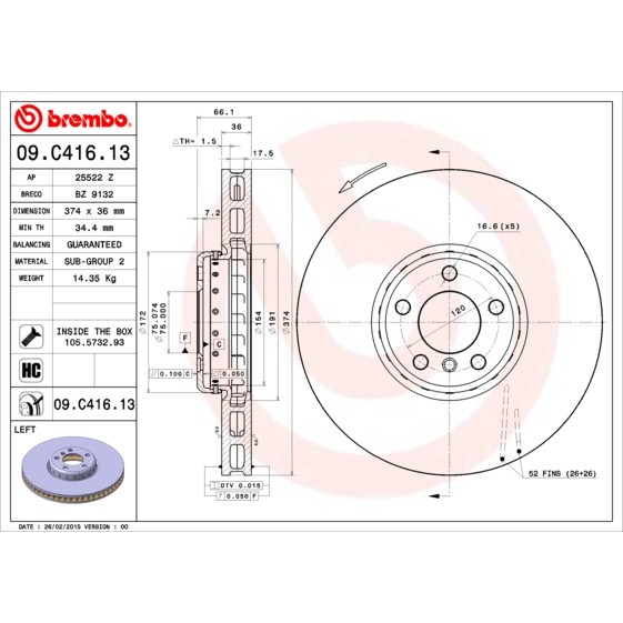 Слика на кочионен диск BREMBO TWO-PIECE DISCS LINE 09.C416.13 за BMW 7 Series F 750 i xDrive - 449 коњи бензин