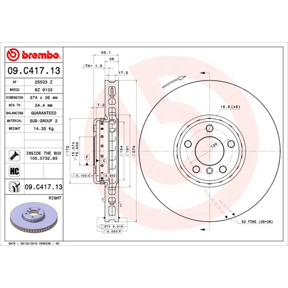 Слика на кочионен диск BREMBO TWO-PIECE DISCS LINE 09.C417.13 за BMW 7 Series F 750 d xDrive - 381 коњи дизел