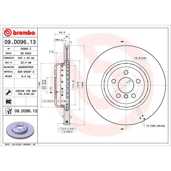 Слика на кочионен диск BREMBO TWO-PIECE DISCS LINE 09.D096.13 за BMW 6 Gran Turismo (G32) 630 d - 211 коњи дизел