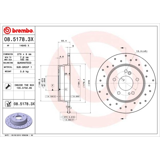 Слика на кочионен диск BREMBO XTRA LINE 08.5178.3X за Mercedes E-class Saloon (w210) E 220 CDI - 136 коњи дизел