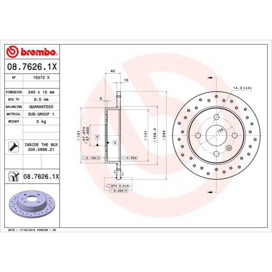 Слика на кочионен диск BREMBO XTRA LINE 08.7626.1X за Opel Astra G Coupe 1.6 16V - 103 коњи бензин