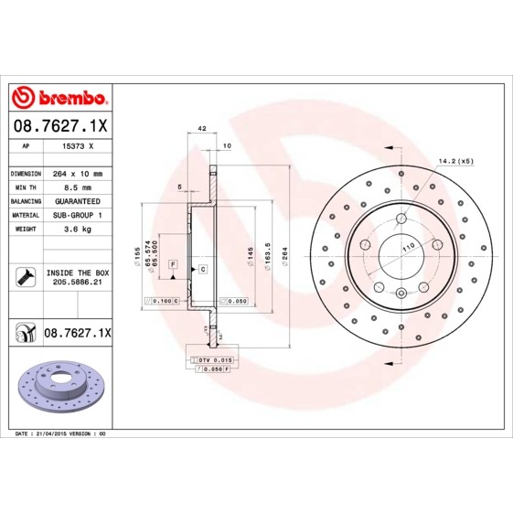 Слика на кочионен диск BREMBO XTRA LINE 08.7627.1X за Opel Astra G Coupe 2.0 16V Turbo - 190 коњи бензин