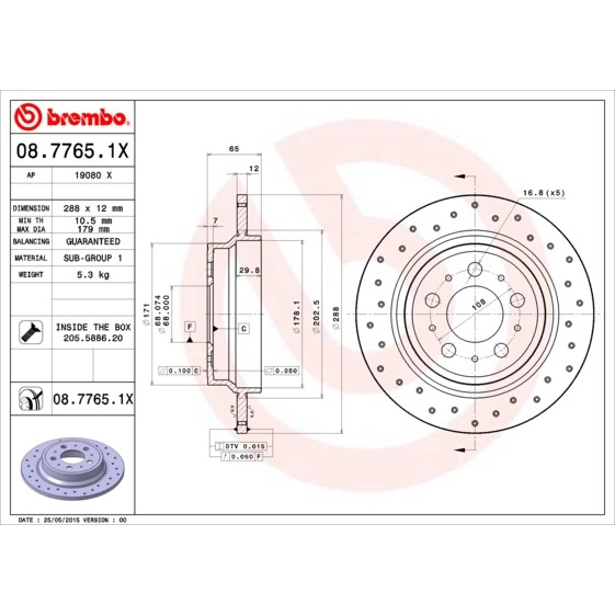 Слика на кочионен диск BREMBO XTRA LINE 08.7765.1X за Volvo V70 Estate 2 (P80) 2.4 D5 - 185 коњи дизел