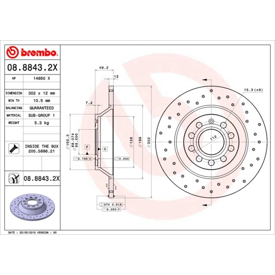 Слика на кочионен диск BREMBO XTRA LINE 08.8843.2X за Audi A6 Avant (4F5, C6) 3.0 TDI quattro - 240 коњи дизел