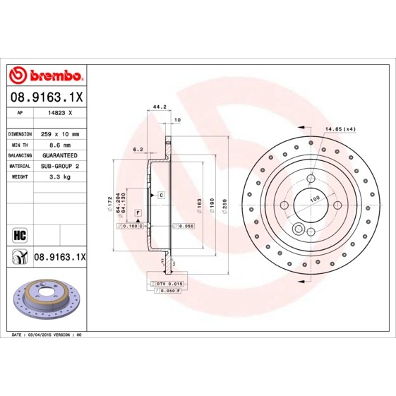 Слика на кочионен диск BREMBO XTRA LINE 08.9163.1X за Mini Convertible (R52) Cooper S - 170 коњи бензин