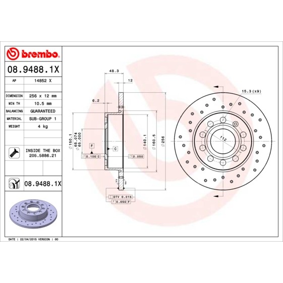 Слика на кочионен диск BREMBO XTRA LINE 08.9488.1X за VW Caddy 3 Box 2.0 SDI - 70 коњи дизел