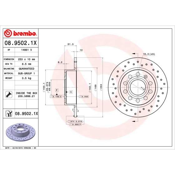 Слика на кочионен диск BREMBO XTRA LINE 08.9502.1X за Seat Altea (5P1) 1.9 TDI - 90 коњи дизел