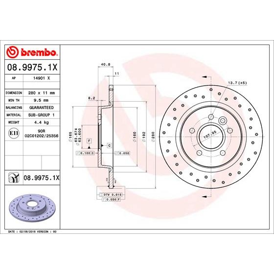 Слика на кочионен диск BREMBO XTRA LINE 08.9975.1X за Volvo S40 Sedan (MS) T5 AWD - 230 коњи бензин