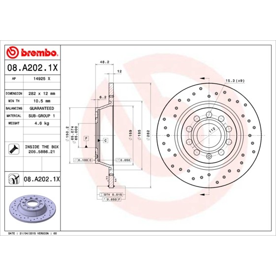 Слика на кочионен диск BREMBO XTRA LINE 08.A202.1X за Seat Altea XL (5P5,5P8) 2.0 TDI - 170 коњи дизел