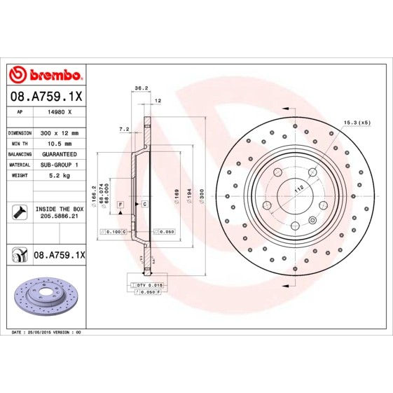 Слика на кочионен диск BREMBO XTRA LINE 08.A759.1X за Audi A4 Avant (8K5, B8) 1.8 TFSI - 170 коњи бензин