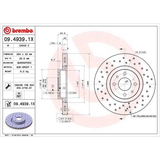 Слика на кочионен диск BREMBO XTRA LINE 09.4939.1X за Fiat Idea 1.6 D Multijet - 120 коњи дизел