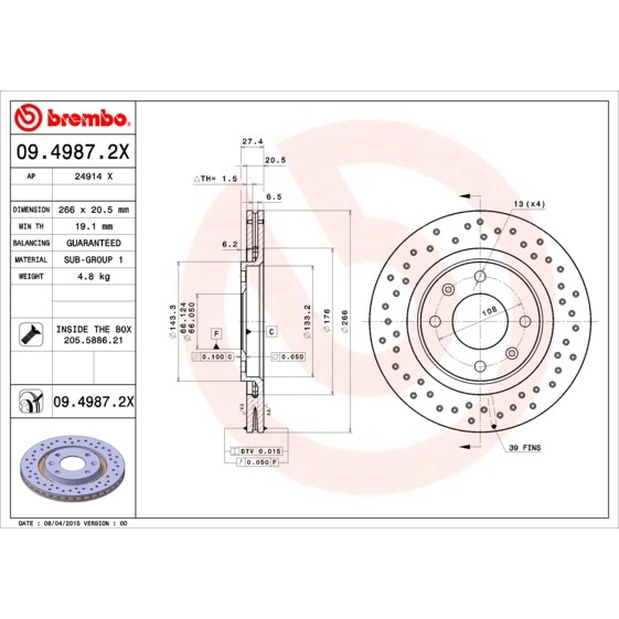 Слика на кочионен диск BREMBO XTRA LINE 09.4987.2X за Citroen Berlingo MF 1.8 i 4WD (MFLFX) - 90 коњи бензин