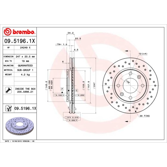 Слика на кочионен диск BREMBO XTRA LINE 09.5196.1X за Citroen Xsara Coupe N0 1.9 D - 68 коњи дизел