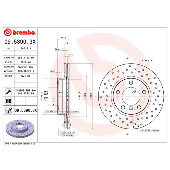 Слика на кочионен диск BREMBO XTRA LINE 09.5390.3X за BMW 3 Touring E46 318 i - 116 коњи бензин