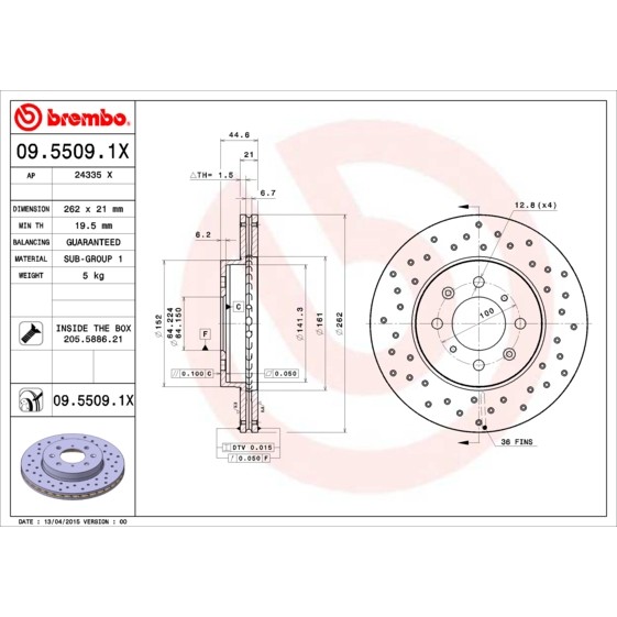 Слика на кочионен диск BREMBO XTRA LINE 09.5509.1X за Honda Civic 6 Aerodeck (MB,MC) 1.4 16V (MB8) - 75 коњи бензин