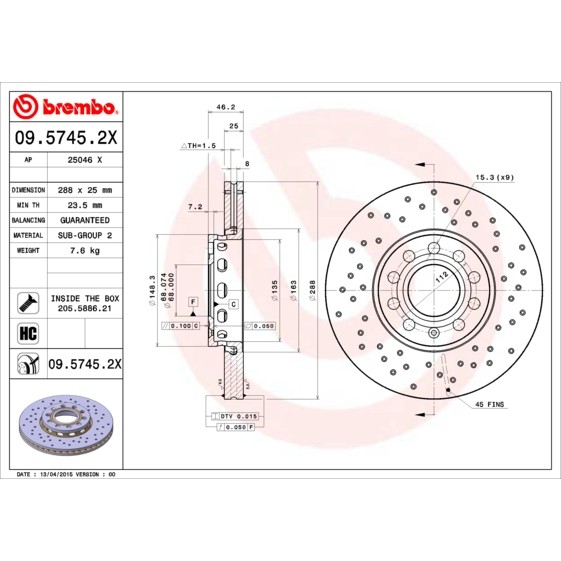 Слика на кочионен диск BREMBO XTRA LINE 09.5745.2X за Audi A4 Sedan (8D2, B5) 1.9 TDI quattro - 116 коњи дизел