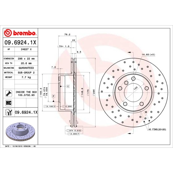 Слика на кочионен диск BREMBO XTRA LINE 09.6924.1X за BMW 5 Sedan E39 525 i - 192 коњи бензин