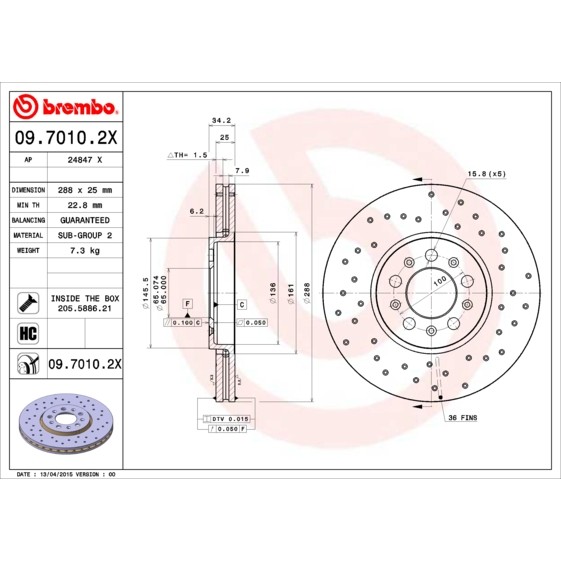 Слика на кочионен диск BREMBO XTRA LINE 09.7010.2X за Audi A1 (8X1) 1.2 TFSI - 86 коњи бензин