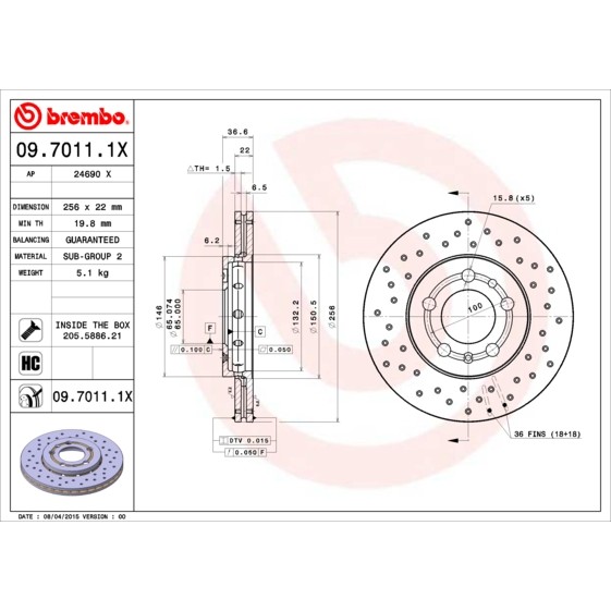 Слика на кочионен диск BREMBO XTRA LINE 09.7011.1X за Seat Ibiza 5 ST (6J8) 1.2 TDI - 75 коњи дизел