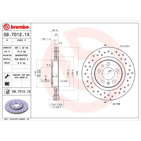 Слика на кочионен диск BREMBO XTRA LINE 09.7012.1X за VW Golf 4 Variant (1J5) 1.9 TDI 4motion - 115 коњи дизел