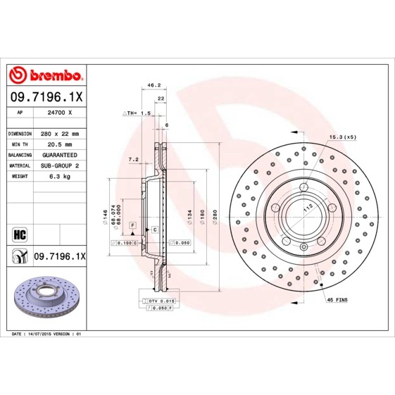 Слика на кочионен диск BREMBO XTRA LINE 09.7196.1X за Audi A4 Sedan (8D2, B5) 1.8 quattro - 115 коњи бензин