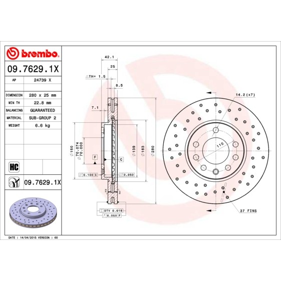 Слика на кочионен диск BREMBO XTRA LINE 09.7629.1X за Opel Astra H Estate 1.6 LPG - 116 коњи Бензин/Автогаз (LPG)