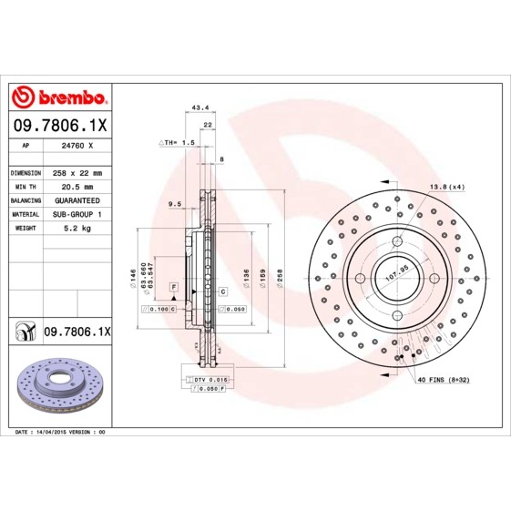 Слика на кочионен диск BREMBO XTRA LINE 09.7806.1X за Mazda 2 Hatchback (DY) 1.4 - 80 коњи бензин