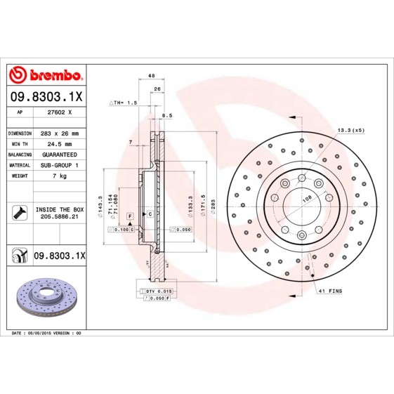 Слика на кочионен диск BREMBO XTRA LINE 09.8303.1X за Peugeot 407 SW 1.8 16V - 125 коњи бензин