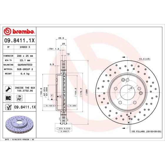 Слика на кочионен диск BREMBO XTRA LINE 09.8411.1X за Mercedes C-class Sports Coupe (CL203) C 200 Kompressor (203.742) - 163 коњи бензин