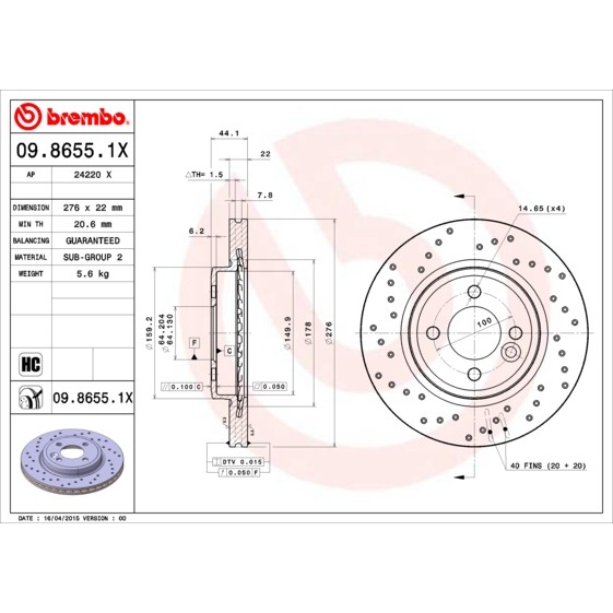 Слика на кочионен диск BREMBO XTRA LINE 09.8655.1X за Mini Convertible (R52) Cooper S - 170 коњи бензин