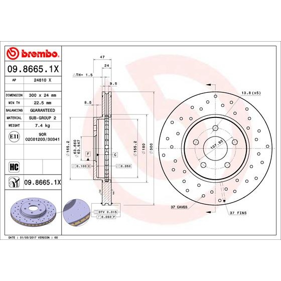 Слика на кочионен диск BREMBO XTRA LINE 09.8665.1X за Ford Mondeo 3 (B5Y) 3.0 V6 24V - 204 коњи бензин