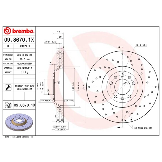 Слика на кочионен диск BREMBO XTRA LINE 09.8670.1X за Citroen C6 Sedan 3.0 V6 - 211 коњи бензин