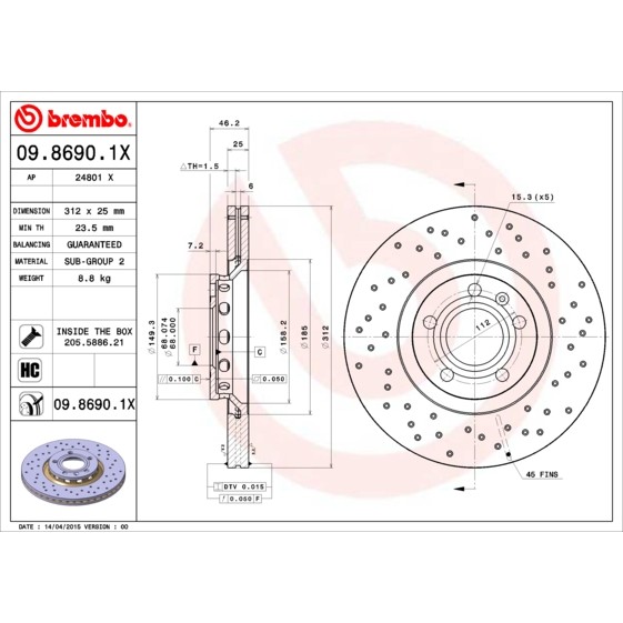 Слика на кочионен диск BREMBO XTRA LINE 09.8690.1X за Audi A6 Sedan (4B, C5) 2.0 - 130 коњи бензин