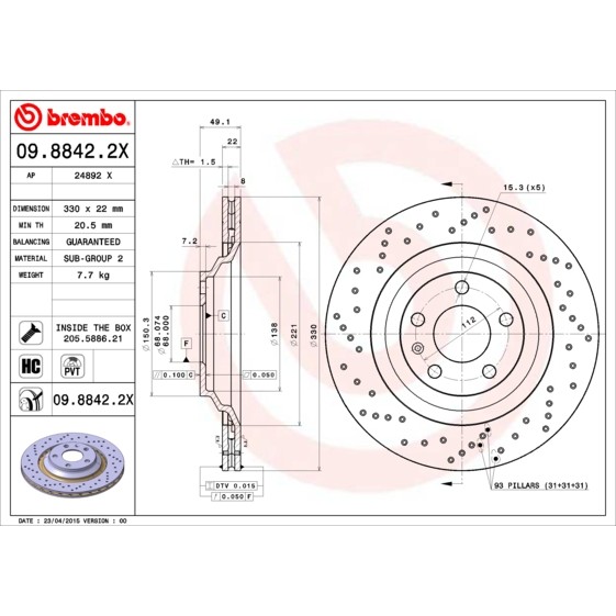 Слика на кочионен диск BREMBO XTRA LINE 09.8842.2X за Audi A6 Avant (4F5, C6) 2.7 TDI - 163 коњи дизел