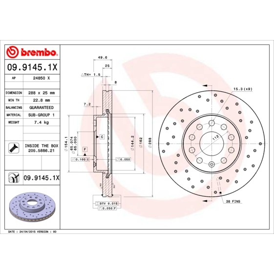 Слика на кочионен диск BREMBO XTRA LINE 09.9145.1X за Audi A3 Cabrio 1.4 TFSI - 125 коњи бензин