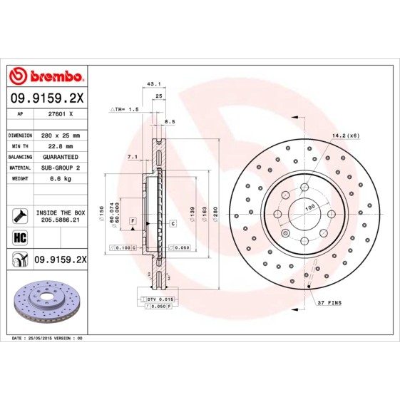 Слика на кочионен диск BREMBO XTRA LINE 09.9159.2X за Opel Astra H Hatchback 1.6 - 105 коњи бензин