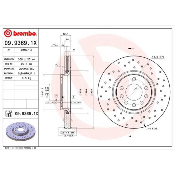 Слика на кочионен диск BREMBO XTRA LINE 09.9369.1X за Opel Astra H Sport hatch 1.6 Turbo - 180 коњи бензин