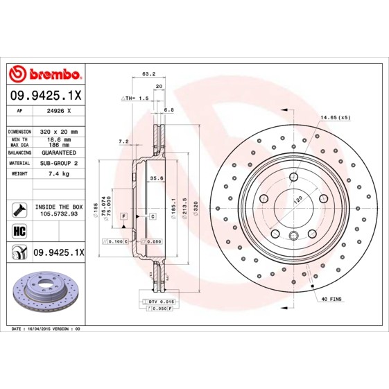 Слика на кочионен диск BREMBO XTRA LINE 09.9425.1X за BMW 5 Sedan E60 523 i - 190 коњи бензин