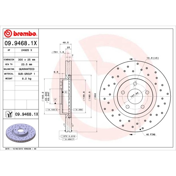 Слика на кочионен диск BREMBO XTRA LINE 09.9468.1X за Ford Focus 2 (da) 1.6 LPG - 115 коњи Бензин/Автогаз (LPG)