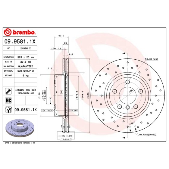 Слика на кочионен диск BREMBO XTRA LINE 09.9581.1X за BMW X3 E83 2.5 si - 218 коњи бензин