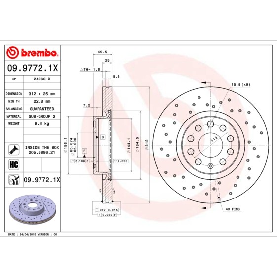 Слика на кочионен диск BREMBO XTRA LINE 09.9772.1X за Skoda Superb Estate (3V5) 2.0 TSI 4x4 - 280 коњи бензин